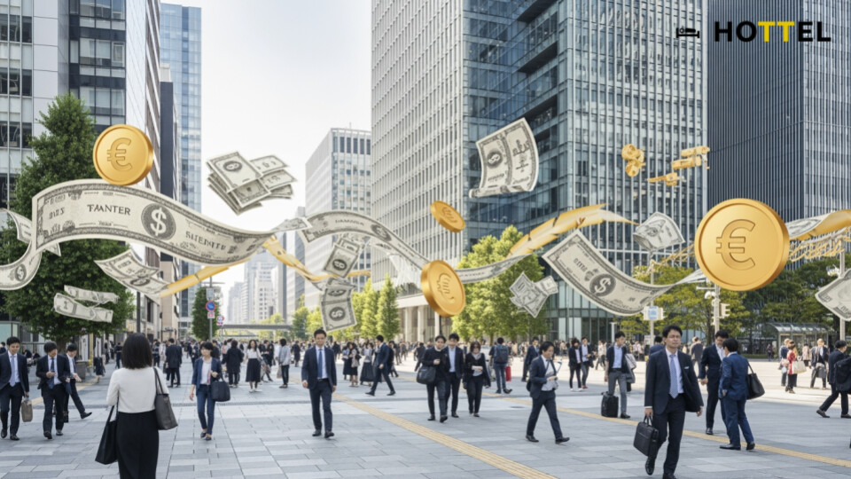 ソニー銀行ANAマイル最大6万をもらう方法に寄せた現代日本の都市の金融活動の風景を表現した画像。