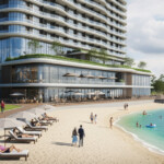 ヒルトン福岡シーホークの開業による都市リゾート革新の背景を表現した画像。ホテルと海の景観が共存する日常のシーンを描写。