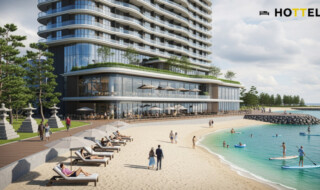 ヒルトン福岡シーホークの開業による都市リゾート革新の背景を表現した画像。ホテルと海の景観が共存する日常のシーンを描写。