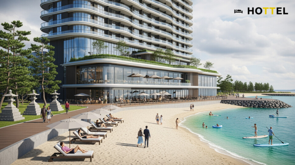 ヒルトン福岡シーホークの開業による都市リゾート革新の背景を表現した画像。ホテルと海の景観が共存する日常のシーンを描写。