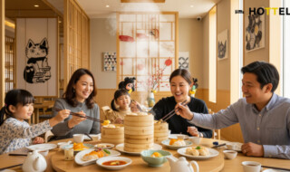 ヒルトン福岡シーホークですみっコぐらし飲茶日和を開催する飲食シーンの雰囲気。楽しそうな家族が伝統的な飲茶を楽しむ様子を描写。