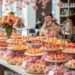 ヒルトン名古屋でストロベリースイーツビュッフェ第2弾が開催。桜と苺をテーマにした華やかなデザートが並ぶシーンを描写。