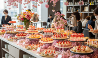 ヒルトン名古屋でストロベリースイーツビュッフェ第2弾が開催。桜と苺をテーマにした華やかなデザートが並ぶシーンを描写。