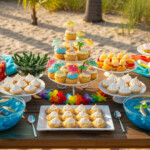ヒルトン名古屋で夏にスヌーピーのスイーツビュッフェを開催。ビーチをテーマにした多彩なスイーツが並ぶ賑やかな雰囲気を表現。