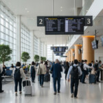 JAL伊丹～熊本線トリプルマイルの始発と最終便を利用する人々が空港内で楽しむ様子。