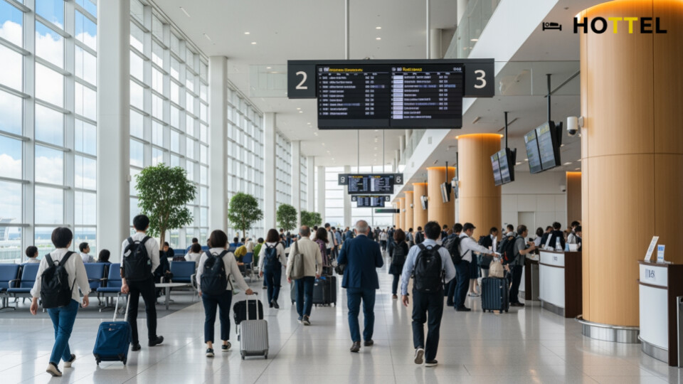 JAL伊丹~熊本線トリプルマイルの始発と最終便を利用する人々が空港内で楽しむ様子。
