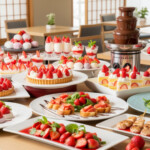 JWマリオット奈良でいちごブッフェ開催へ。季節の苺を使った華やかなスイーツとセイボリーが並ぶダイニングの一コマを表現しています。
