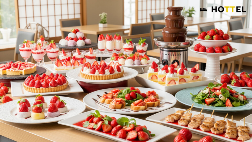 JWマリオット奈良でいちごブッフェ開催へ。季節の苺を使った華やかなスイーツとセイボリーが並ぶダイニングの一コマを表現しています。