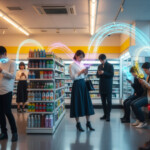 ファミマJALマイルコラボキャンペーンの魅力を表現した、現代日本のコンビニエンスストアでの人々のデジタル体験を描いた画像。