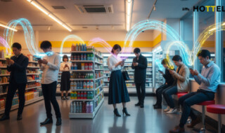 ファミマJALマイルコラボキャンペーンの魅力を表現した、現代日本のコンビニエンスストアでの人々のデジタル体験を描いた画像。