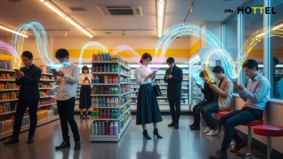 ファミマJALマイルコラボキャンペーンの魅力を表現した、現代日本のコンビニエンスストアでの人々のデジタル体験を描いた画像。