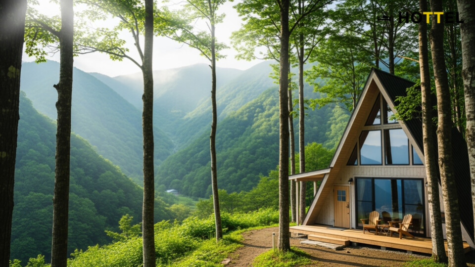 星野リゾート新ブランドLUCY初の山ホテル開業を象徴する、日本の美しい山の景色と快適な山の宿の様子を描いた画像です。