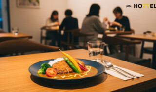 ヒルトン名古屋とお肉の専門店スギモトがコラボしたプレミアムご当地カレーの美味しさを伝える食卓の雰囲気。