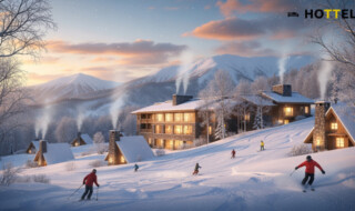 ニセコにタペストリーbyヒルトン開業。雪景色のリゾートとスキーヤーが楽しむ冬の風景を描写したアイキャッチ画像。