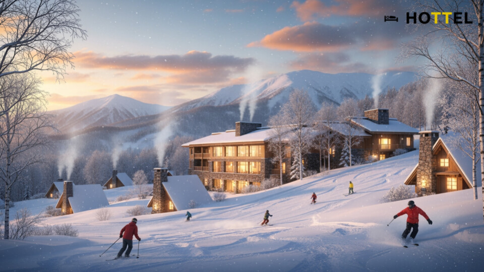 ニセコにタペストリーbyヒルトン開業。雪景色のリゾートとスキーヤーが楽しむ冬の風景を描写したアイキャッチ画像。