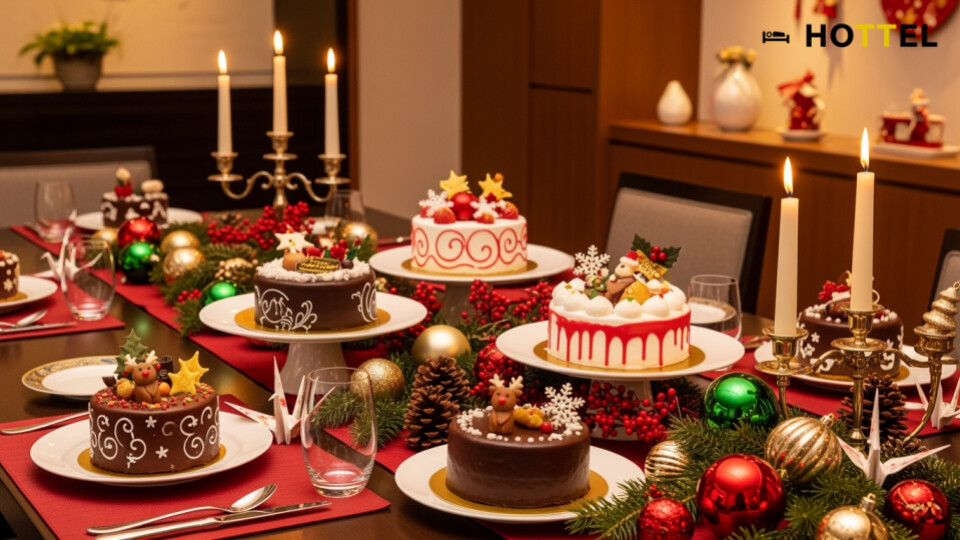 東京マリオットホテルのクリスマスケーキ予約開始を祝う、華やかな赤の装飾が施された食卓のシーン。