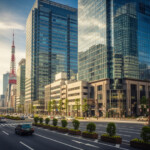 都心7区オフィスの潜在空室率2.32%を示す都市のオフィスビル群の風景。活気ある都市生活を表現し、現在の市況を示す。