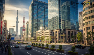 都心7区オフィスの潜在空室率2.32％を示す都市のオフィスビル群の風景。活気ある都市生活を表現し、現在の市況を示す。