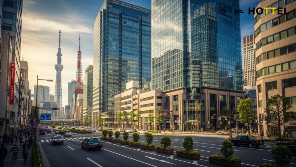 都心7区オフィスの潜在空室率2.32%を示す都市のオフィスビル群の風景。活気ある都市生活を表現し、現在の市況を示す。