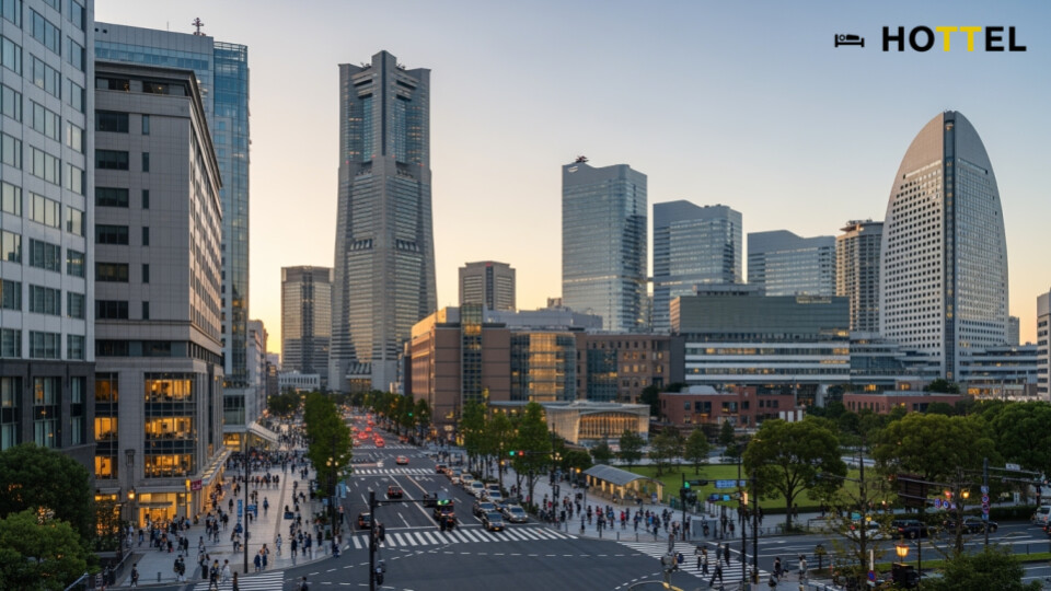 OMO5横浜馬車道が2026年1月開業決定。横浜の高層ビルと港の見える風景、都市の賑わいを感じるシーン。